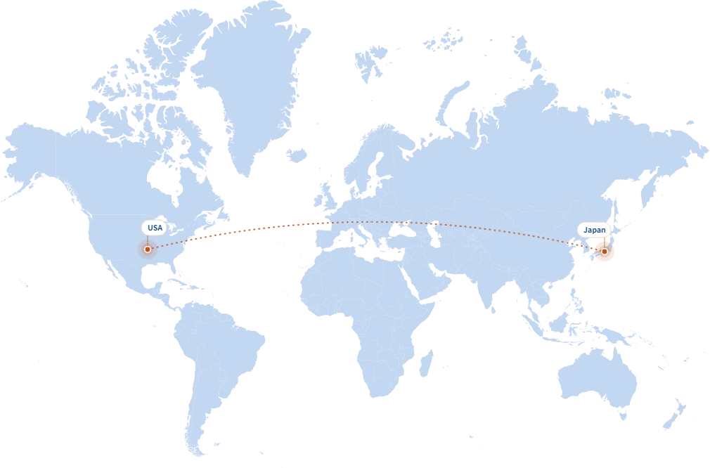 World map marking Kaiser International offices in the USA and Japan