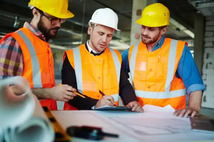 Site team reviewing building plans